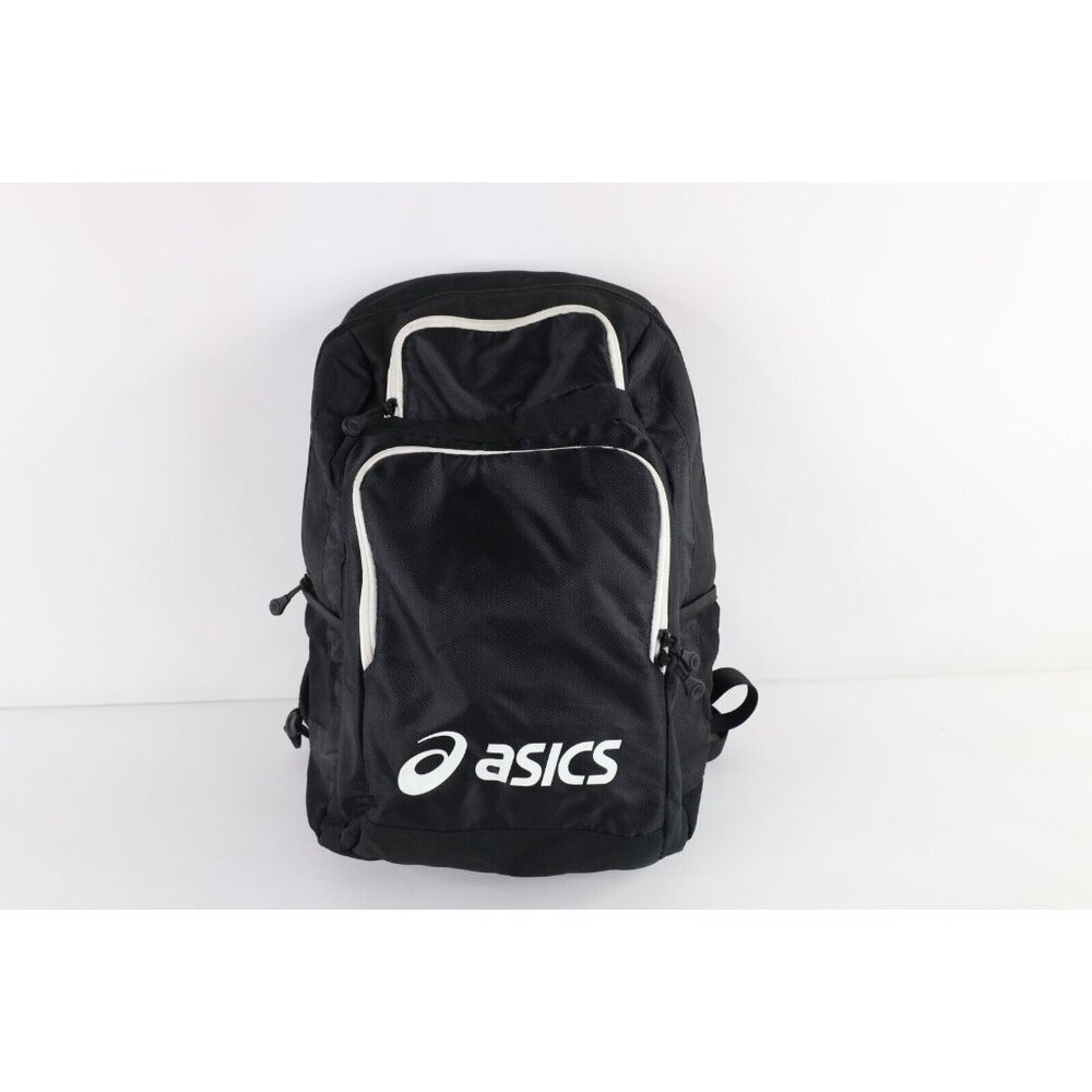 Vintage Asics Distressed Big Logo Spell Out Backpack Book Bag Carry On Black